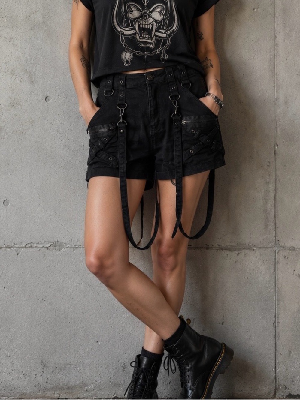 Rocker, streetwear shorts. Black Denim. M-L. Stretchy. With hanging straps.